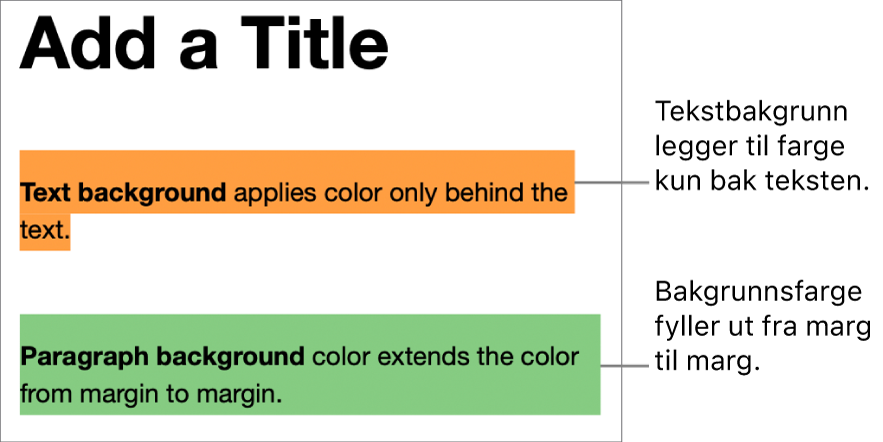 Et avsnitt med farge kun bak teksten, og et annet avsnitt med farge bak som strekker seg fra marg til marg i en blokk.