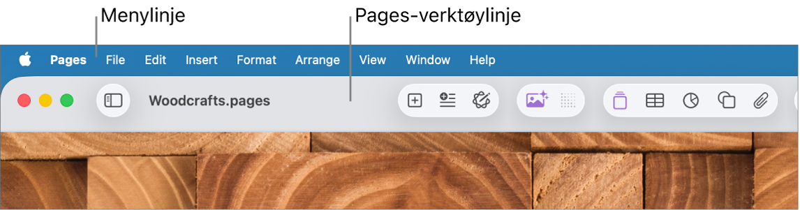 Menylinjen øverst på skjermen med menyene Apple, Pages, Arkiv, Rediger, Sett inn, Format, Ordne, Vis, Del, Vindu og Hjelp. Under menylinjen er det et åpent Pages-dokument med verktøylinjeknapper øverst for Vis, Zoom, Legg til side, Sett inn, Tabell, Diagram, Tekst, Figur, Medier og Kommentar.