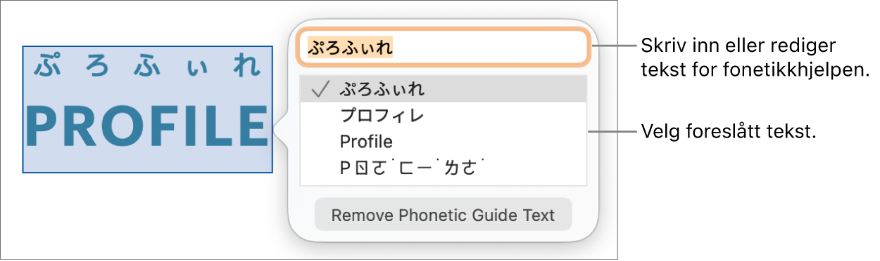 Fonetikkhjelpen er åpnet på et ord, med forklaringer for tekstfelt og foreslått tekst.