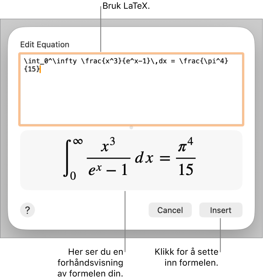 En kvadratisk formel skrevet med LaTeX i Ligning-feltet, og en forhåndsvisning av formelen nedenfor.