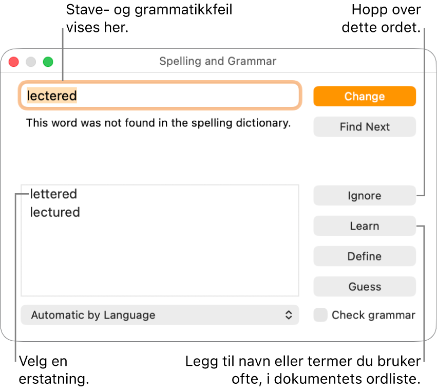 Stavekontroll og grammatikk-vinduet.