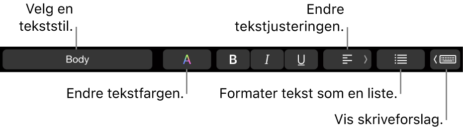 Touch Bar på MacBook Pro med kontroller for å velge en tekststil, endre tekstfargen, endre tekstjusteringen, formatere tekst som en liste og vise tekstforslag.