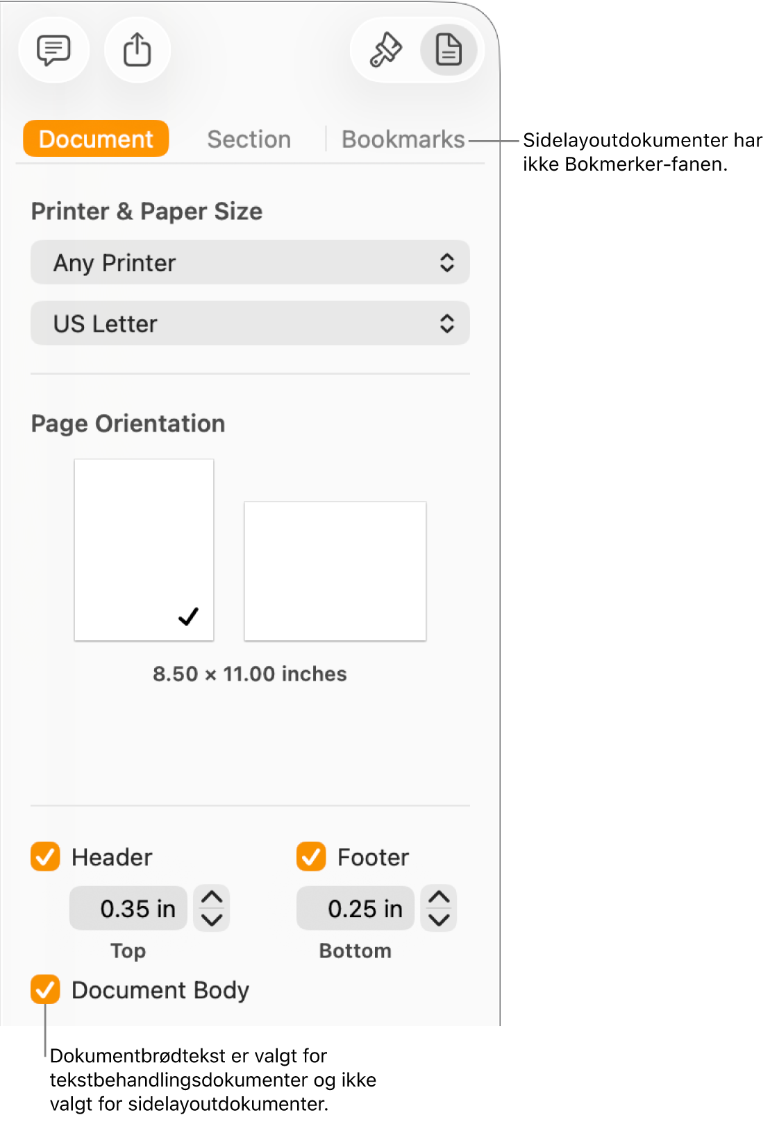 Format-sidepanelet med fanene Dokument, Inndeling og Bokmerker øverst. Dokument-fanen er markert, og en bildeforklaring til Bokmerker-fanen sier at sidelayoutdokumenter ikke har en Bokmerker-fane. Dokumentbrødtekst-avkrysningsruten er markert, noe som også viser at dette er et tekstbehandlingsdokument.
