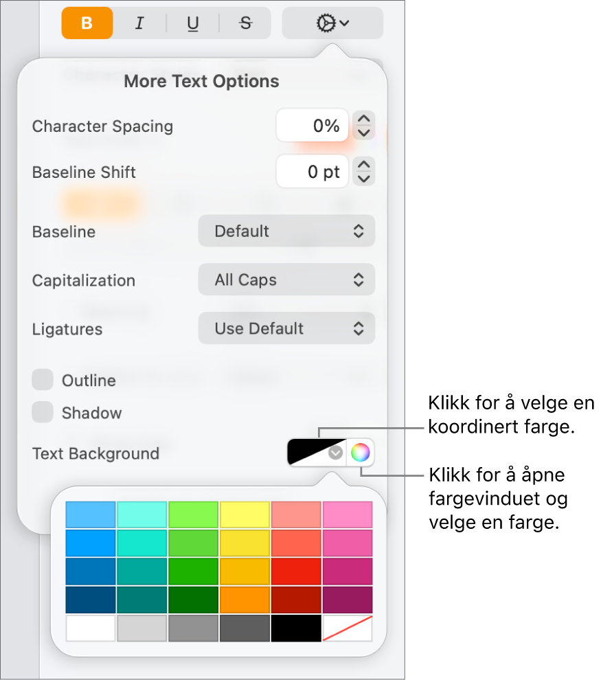 Kontroller for valg av bakgrunnsfarge for tekst.