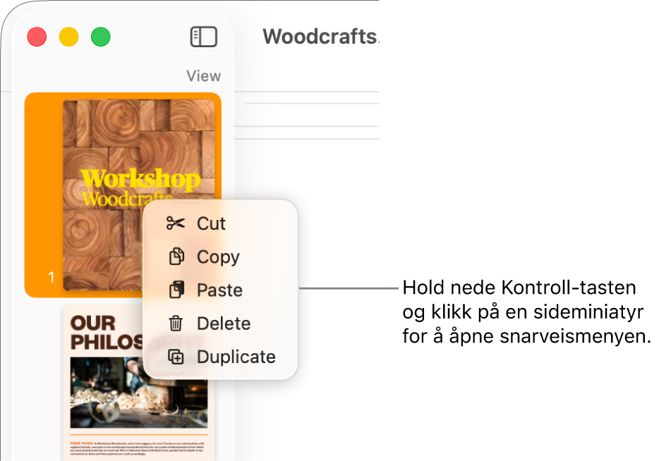 Sideminiatyrvisning med én sideminiatyr markert og snarveismenyen åpen.