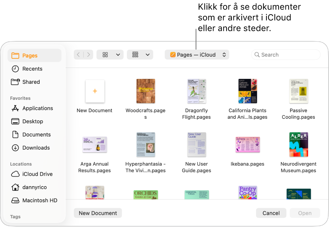 Åpne-dialogruten med sidepanelet åpent på venstre side og iCloud Drive valgt i lokalmenyen øverst. Pages-mappen vises i dialogruten sammen med Nytt dokument-knappen.