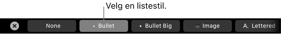 Touch Bar på MacBook Pro med kontroller for å velge en listestil.