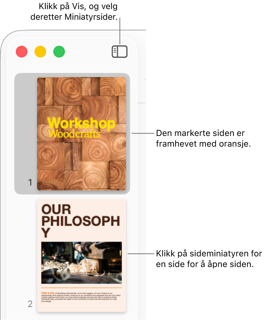 Sidepanelet til venstre for Pages-vinduet med sideminiatyrvisning åpent og en markert side uthevet i mørk oransje.