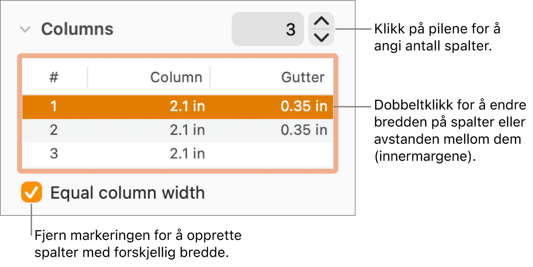 Layoutpanel for formatinspektøren, med spaltekontroller.