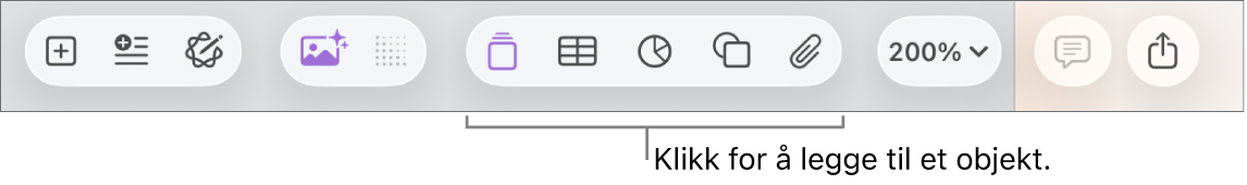 Verktøylinjen, med knapper for å legge til tabeller, diagrammer, tekst, figurer og medier.