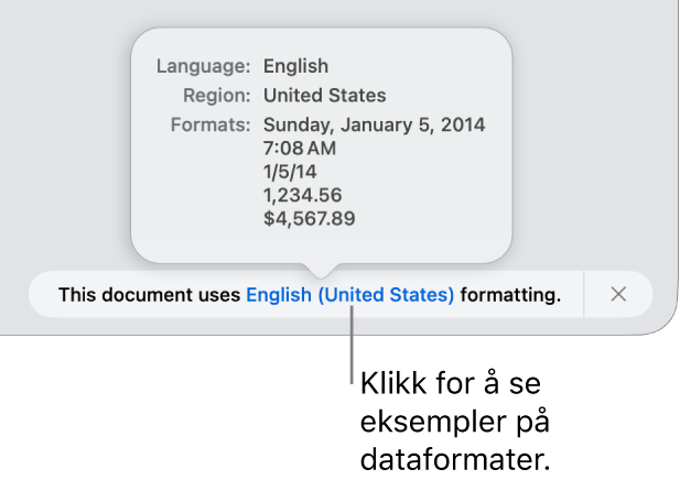 Varsling som viser en annen språk- og regionsinnstilling, med eksempler på formatering for det språket og den regionen.