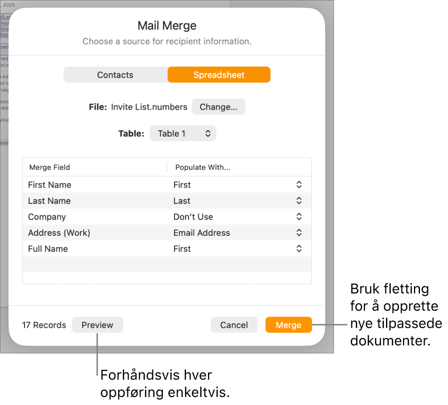 Fletting-panelet er åpent, med valg for å endre kildefil eller -tabell, forhåndsvise flettefeltnavn eller individuelle oppføringer og flette dokumentet.