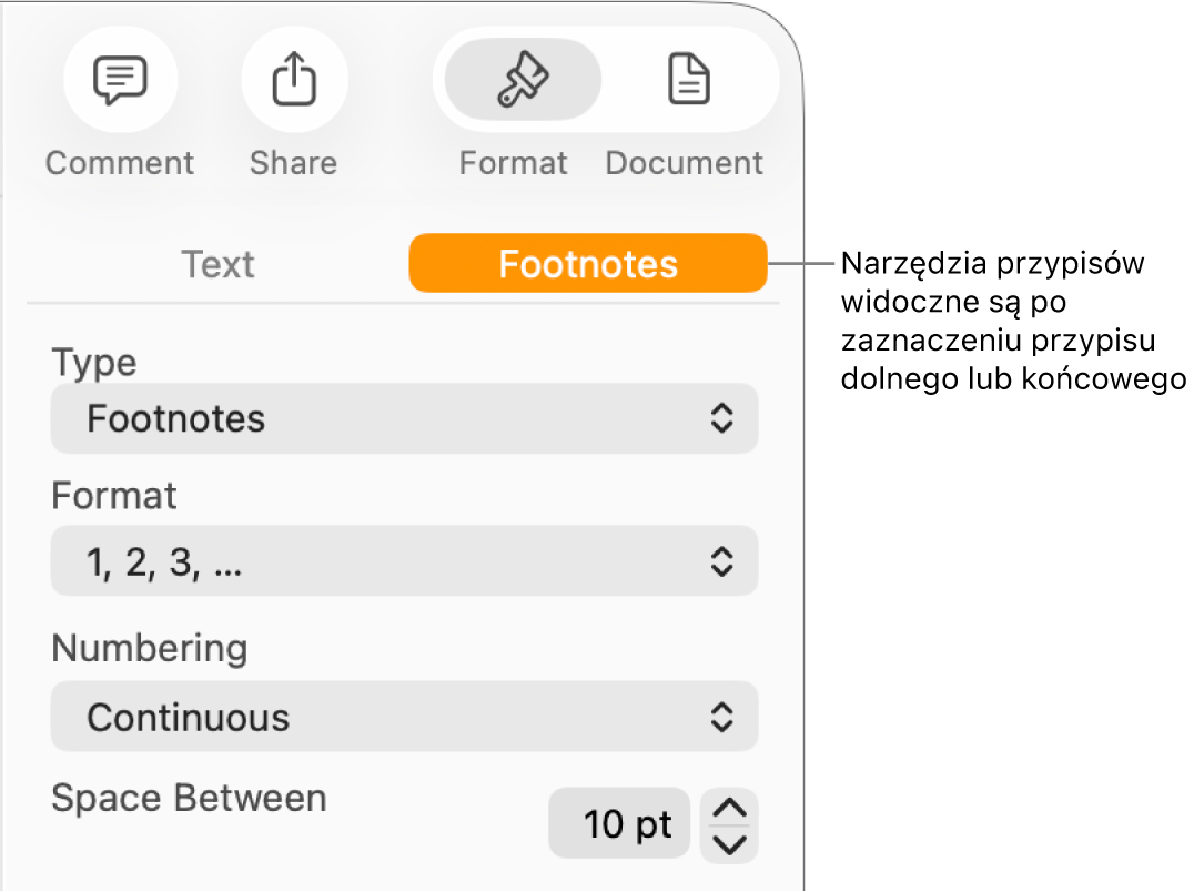 Panel przypisów dolnych oraz opcje menu podręcznego Typ, Format, Numeracja i odstęp między przypisami.