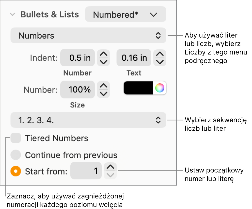 Narzędzia zmieniania stylu numeracji i odstępów listy.