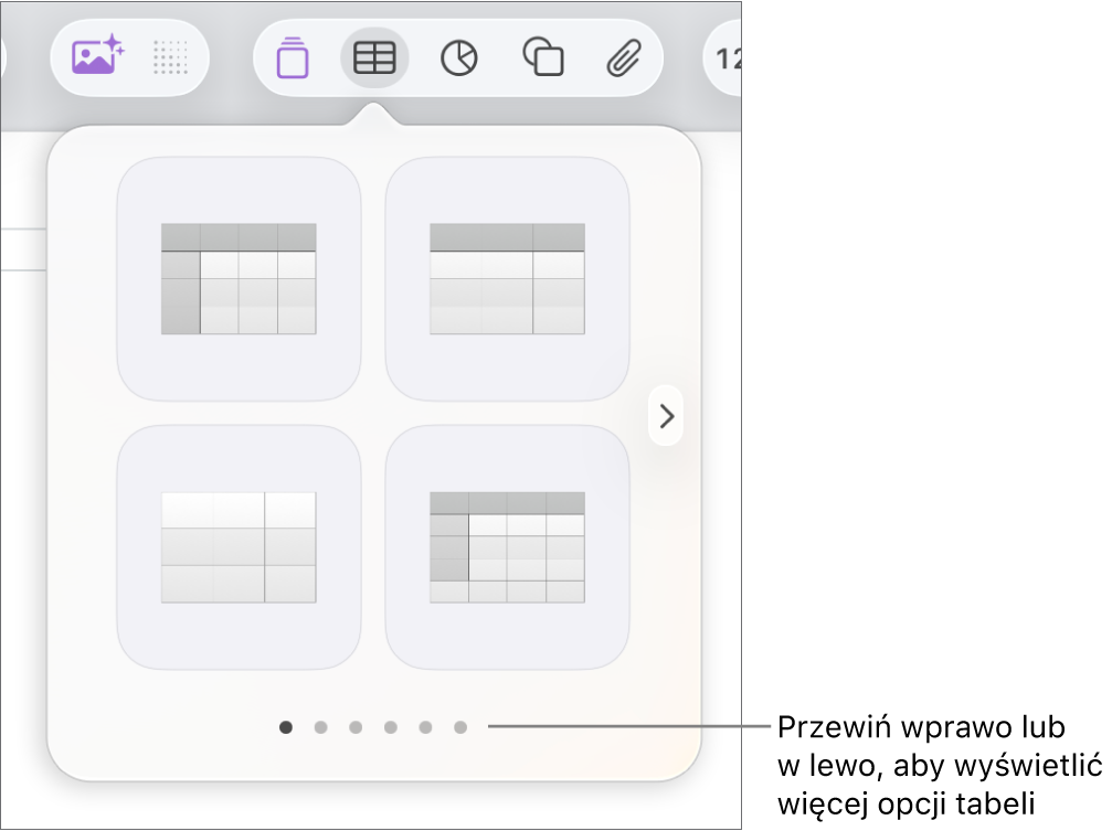 Menu dodawania tabeli ze strzałkami nawigacji.