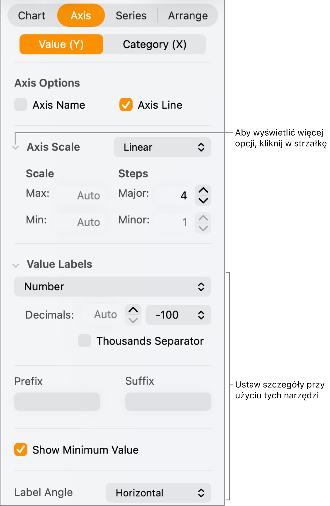 Narzędzia formatowania znaczników osi wykresu.