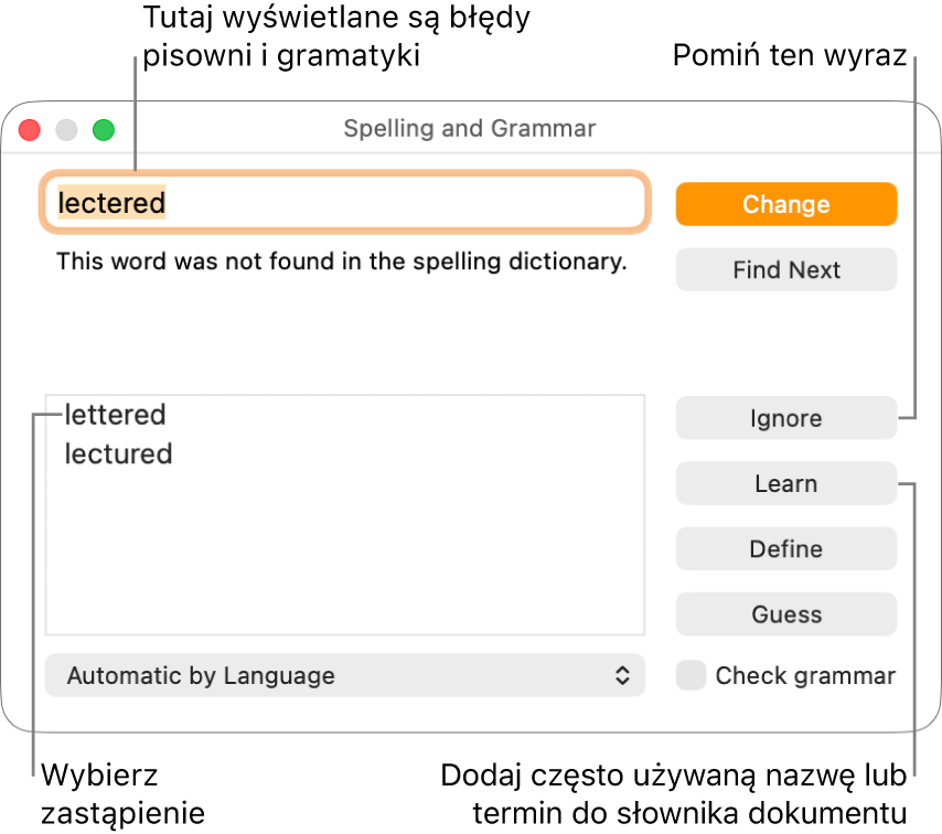 Okno pisowni i gramatyki.