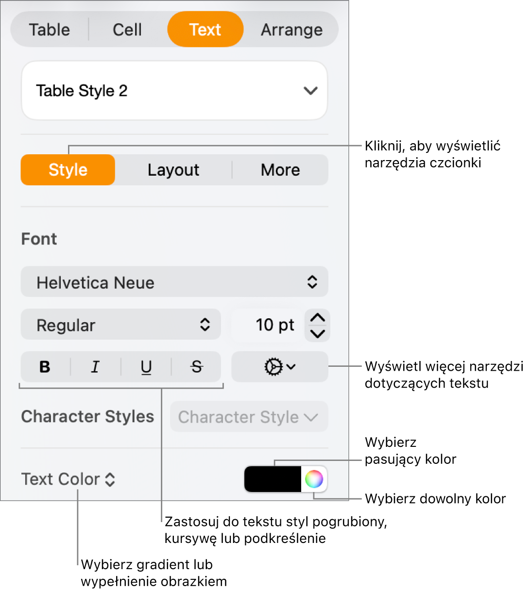 Narzędzia edycji stylu tekstu w tabeli.