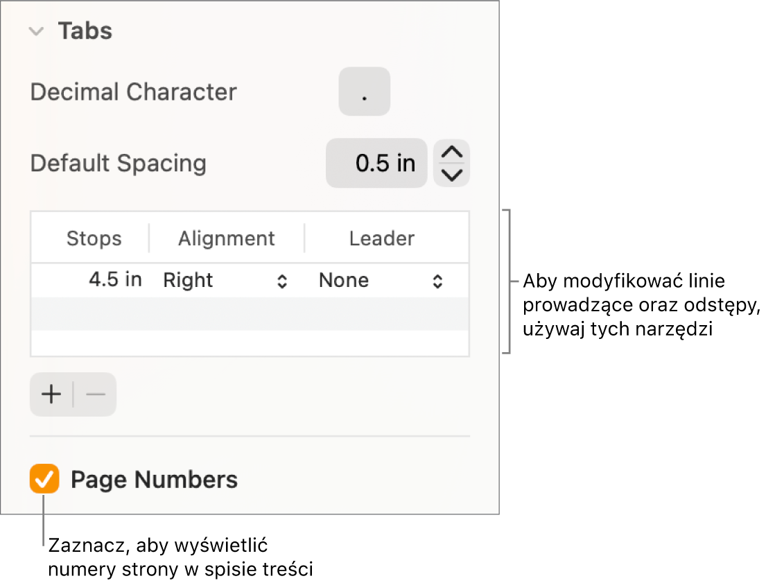 Sekcja Tabulatory na pasku bocznym Format. Poniżej etykiety Odstępy domyślne widoczna jest tabela zawierająca kolumny Pozycje, Wyrównanie oraz Znak wiodący. Poniżej tabeli widoczne jest zaznaczone pole wyboru Numery stron.