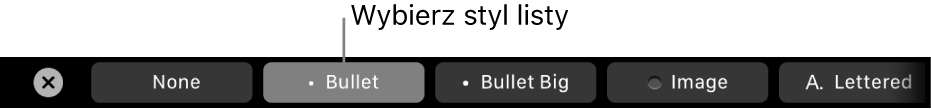 Pasek Touch Bar na MacBooku Pro, zawierający narzędzia do wybierania stylu listy.