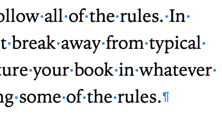 Tekst z symbolami odstępów, końca akapitu i końca sekcji.