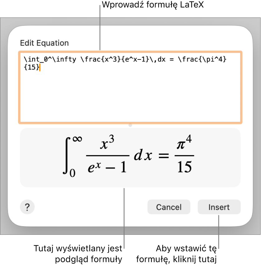 Równanie kwadratowe zapisane w polu Równanie przy użyciu języka LaTeX oraz podgląd tego równania poniżej.