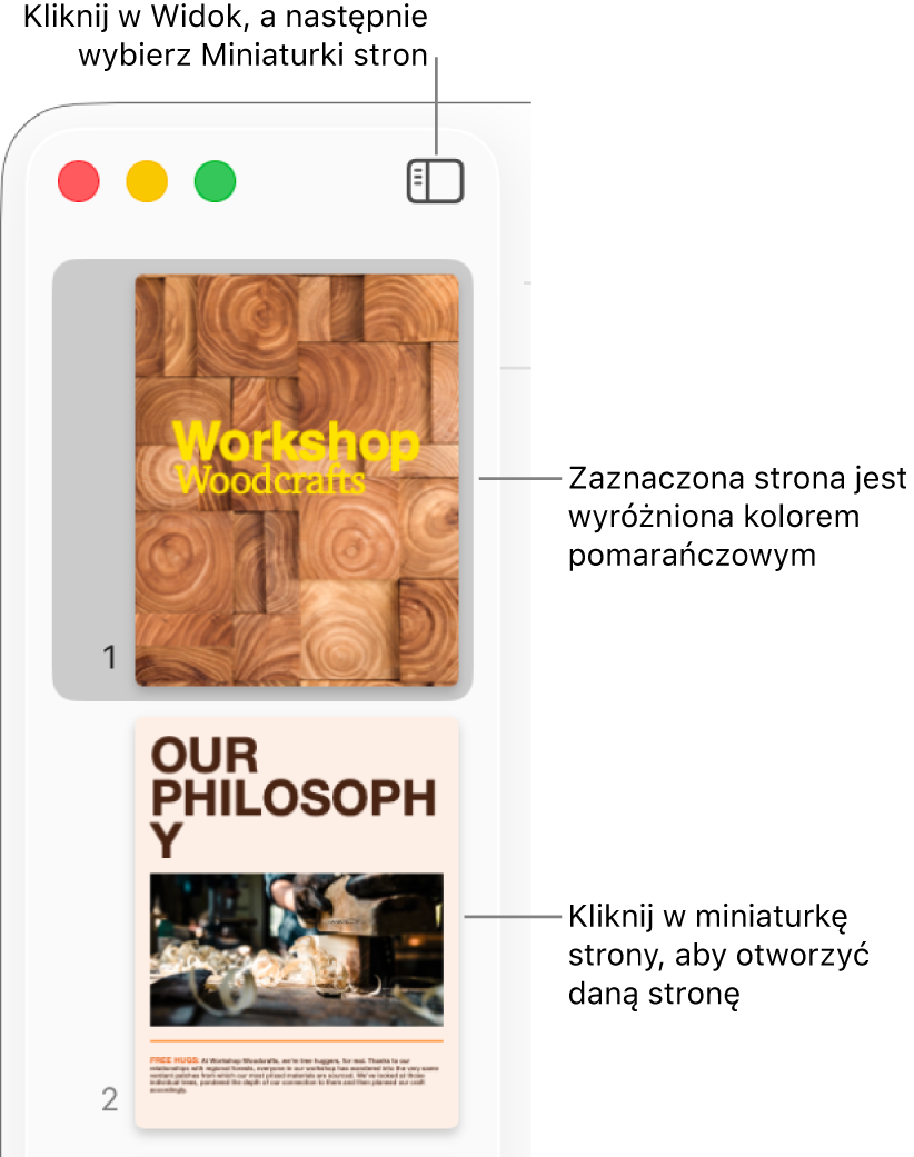 Pasek boczny po lewej stronie okna Pages, wyświetlający widok miniaturek stron. Zaznaczona strona wyróżniona jest kolorem ciemnopomarańczowym.
