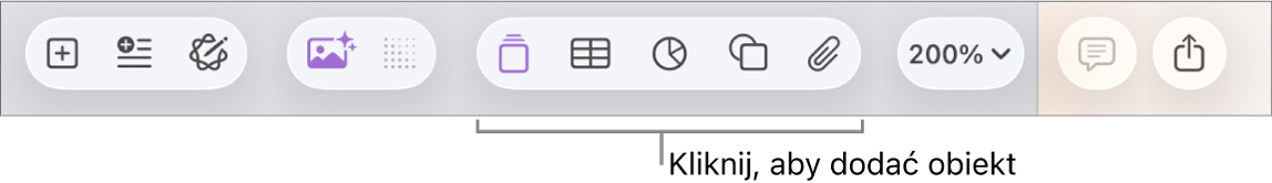 Pasek narzędzi z przyciskami dodawania tabel, wykresów, tekstu, kształtów i multimediów.