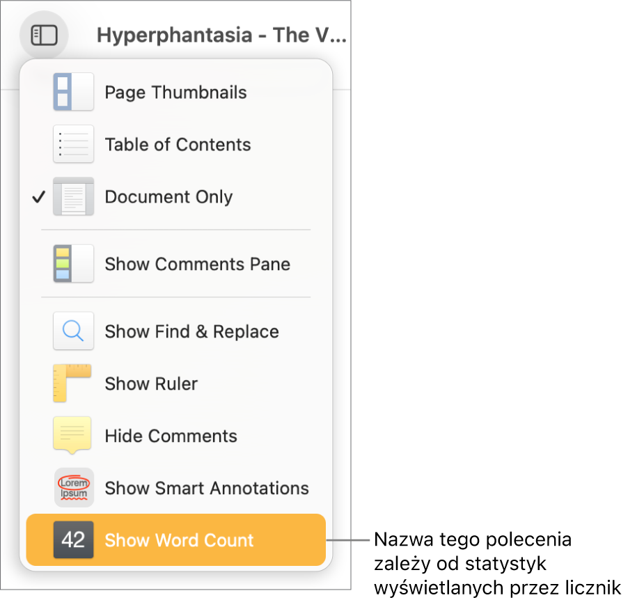 Rozwinięte menu Widok z widocznym na dole poleceniem Pokaż liczbę znaków.