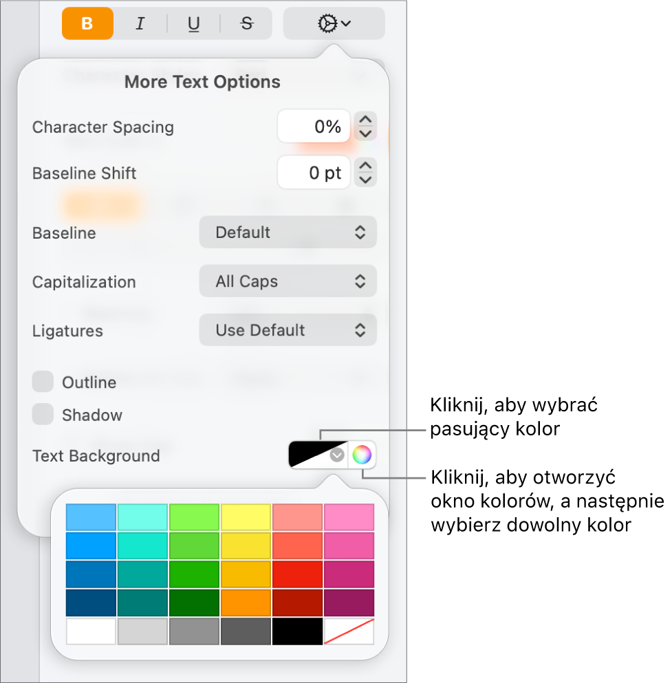 Narzędzia wybierania koloru tła tekstu.