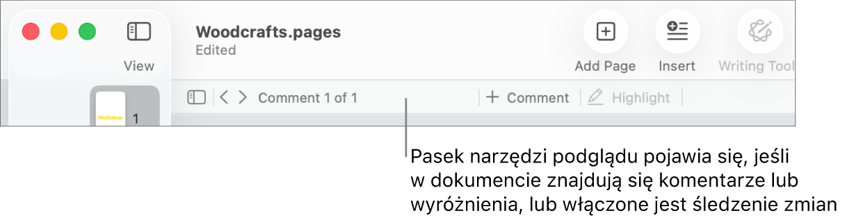 Pasek narzędzi Pages na górze ekranu z przyciskami Widok, Zoom, Dodaj stronę, Wstaw, Tabela, Wykres, Tekst, Kształt, Multimedia oraz Komentarz. Poniżej paska narzędzi Pages znajduje się pasek narzędzi recenzji z przyciskiem ukrywania lub pokazywania komentarzy, strzałkami do przejścia do poprzedniego lub następnego komentarza, całkowitą liczbą komentarzy oraz przyciskami dodawania komentarza lub podświetlania.
