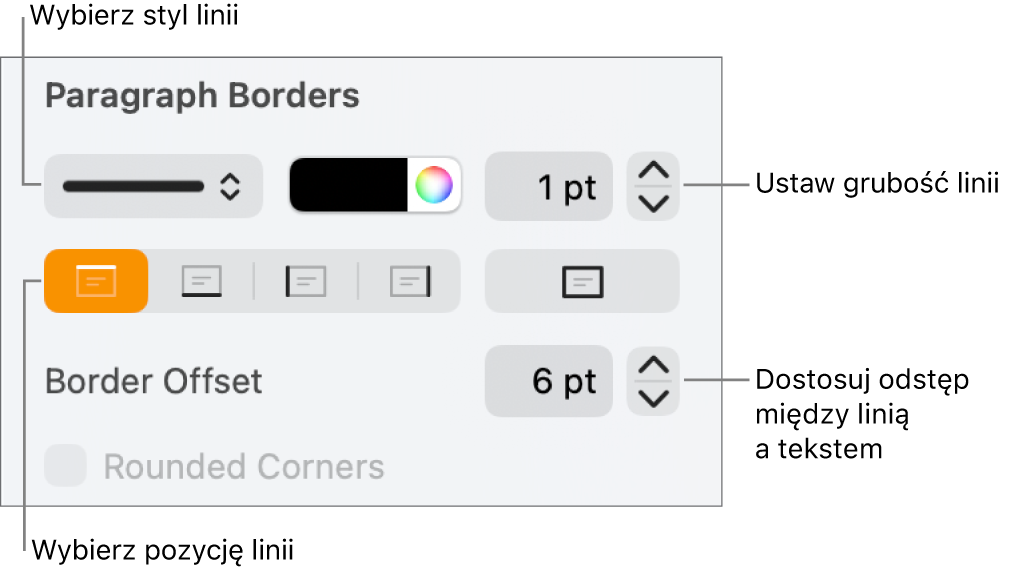 Narzędzia zmieniania stylu, grubości, pozycji i koloru linii.