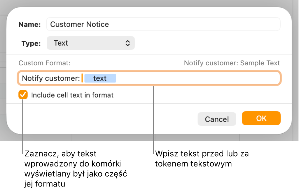 Okno własnego formatu z narzędziami wybierania własnego formatowania tekstu.