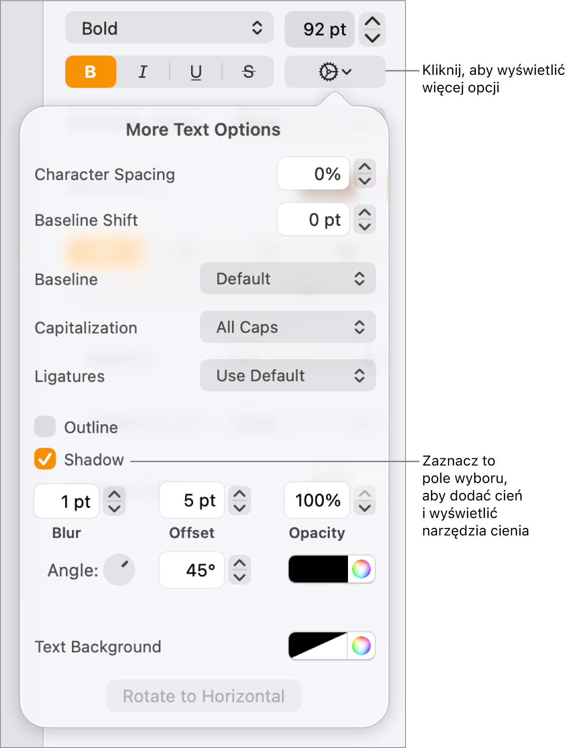 Rozwinięte menu Opcje zaawansowane z zaznaczonym polem wyboru Cienie i narzędziami do ustawiania rozmycia, przesunięcia, krycia, kąta oraz koloru.