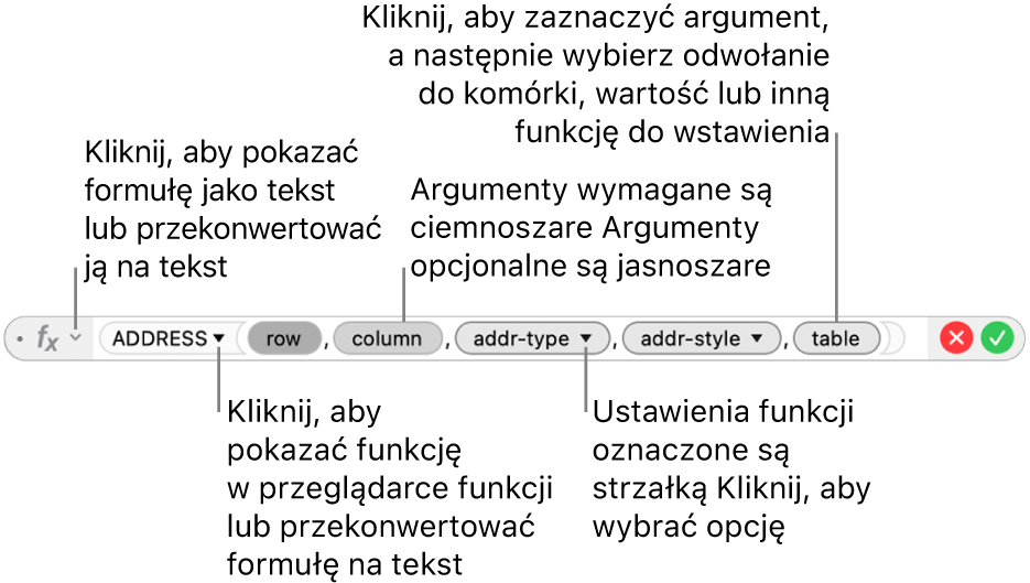 Edytor formuł z funkcją ADRES oraz tokenami jej argumentów.