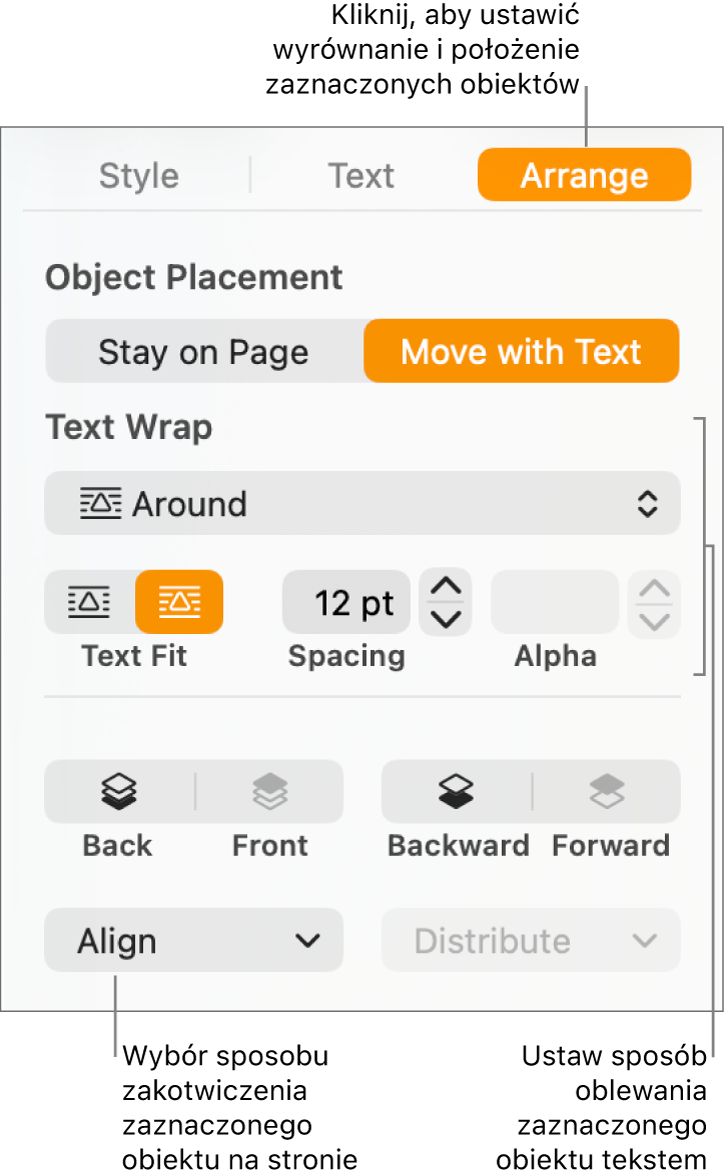 Pokazane jest menu Format z paskiem bocznym Uporządkuj. Ustawienia położenia obiektu na górze paska bocznego Uporządkuj, a poniżej ustawienia zawijania tekstu.