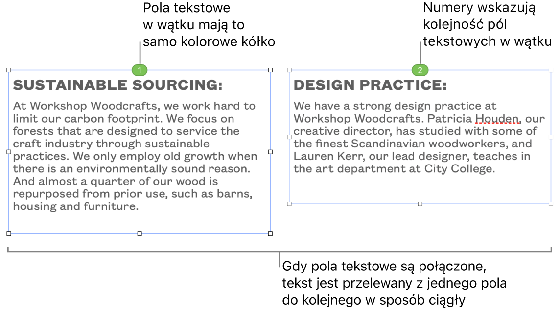 Dwa pola tekstowe z niebieskim kółkiem na górze oraz liczbą 1 i 2 w danym kółku.