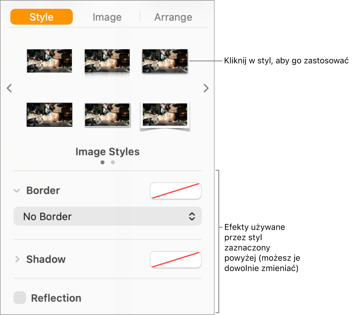 Karta Styl na pasku bocznym Format, zawierająca opcje stylu obiektu.