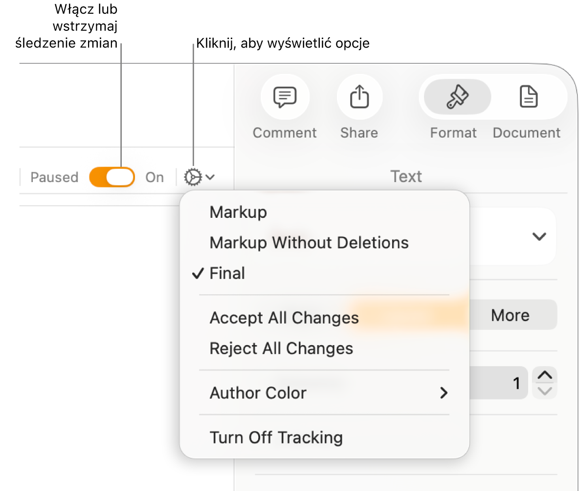Menu opcji śledzenia zmian z poleceniem Wyłącz śledzenie na dole i etykietami do przycisków włączania i wstrzymywania śledzenia.