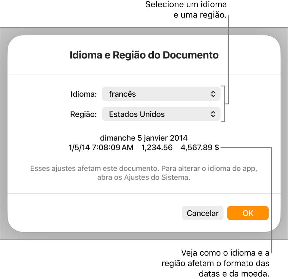 Painel “Idioma e Região” com controles para idioma e região e um exemplo de formatação, incluindo data, hora, decimal e moeda.