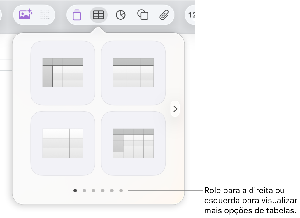Menu Adicionar Tabela com setas de navegação.