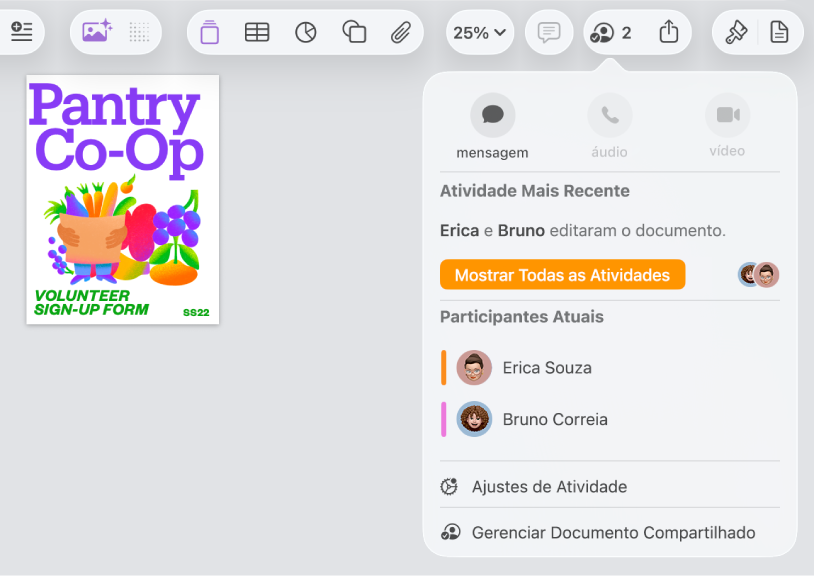 Menu de colaboração mostrando os nomes das pessoas que estão colaborando no documento.