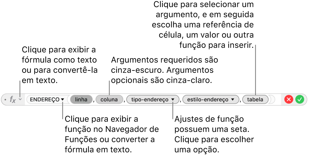 Editor de Fórmula mostrando a função ENDEREÇO e seus tokens de argumento.