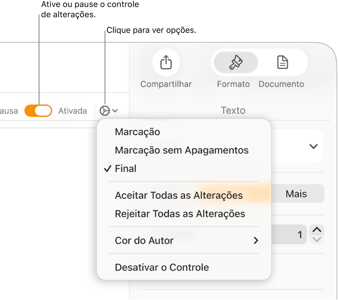 Menu de opções de controle mostrando Desativar o Controle na parte inferior e balões explicativos para os botões “Ativar o Controle” e Em pausa.