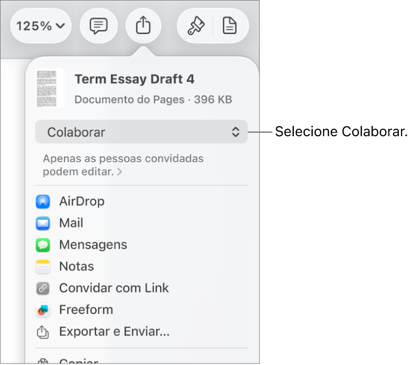 Menu Compartilhar com Colaborar selecionado na parte superior e os ajustes de acesso e permissão abaixo.