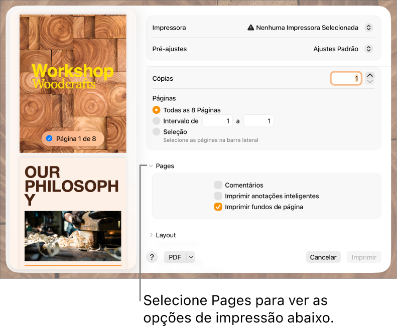 Diálogo de impressão com controles para impressora, pré-ajustes, cópias e intervalo de páginas. A opção Pages está selecionada no menu pop-up, abaixo dos ajustes do intervalo de páginas, seguida por caixas de seleção para imprimir comentários, imprimir anotações inteligentes e imprimir fundos de página.