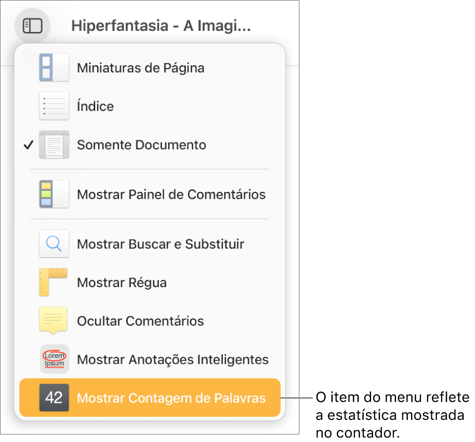 Menu Visualizar aberto com “Mostrar Contagem de Caracteres” próximo à parte inferior.