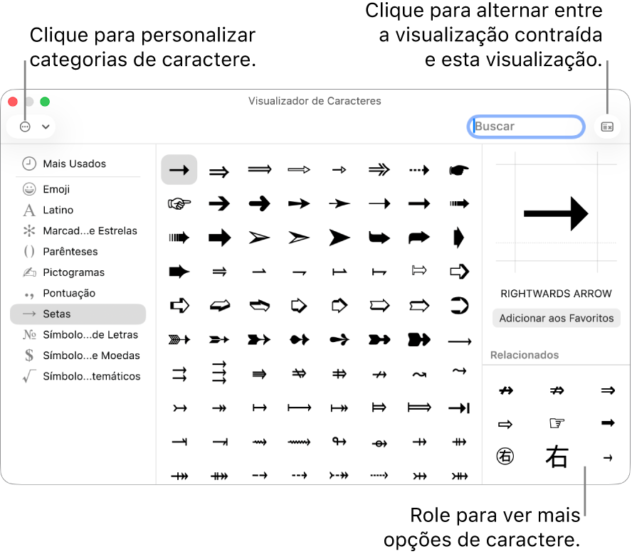 O Visualizador de Caracteres expandido mostrando símbolos e caracteres especiais, um menu para cada diferente categoria de símbolos à esquerda e um botão no canto superior direito que permite retornar à visualização contraída.