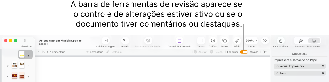 A barra de ferramentas do Pages com o controle de alterações ativado, e a barra de ferramentas de revisão abaixo da barra de ferramentas do Pages.