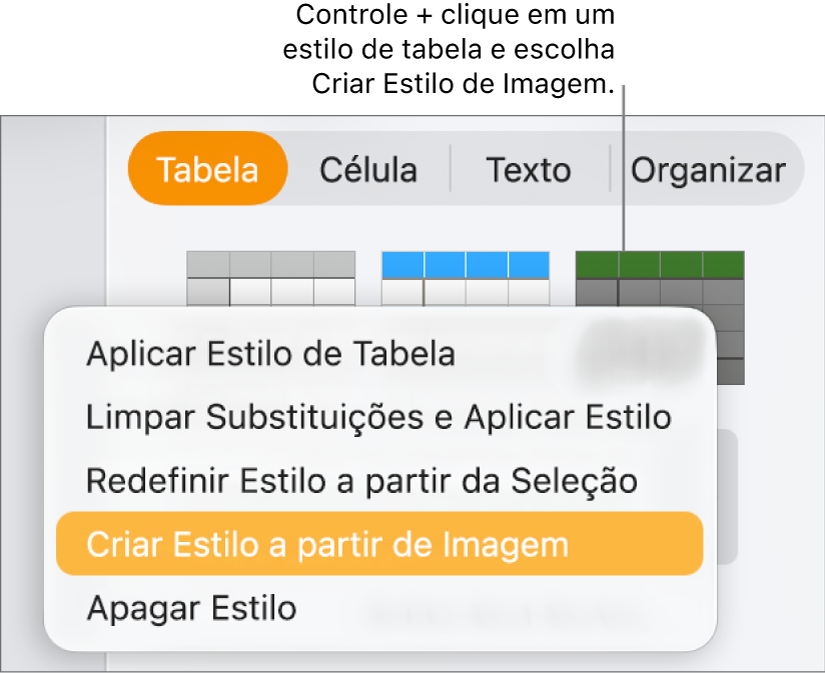 Menu de atalho de estilo da tabela.